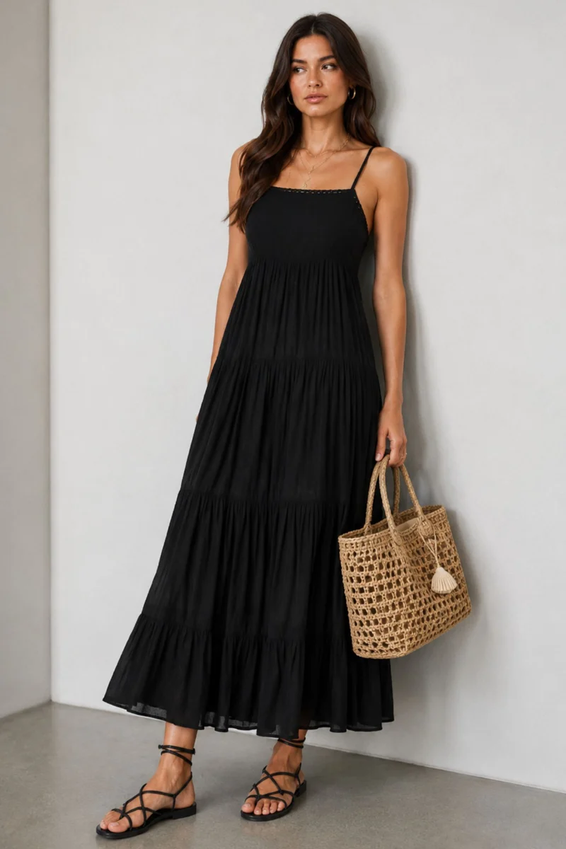 Lale|100% Viscose Lace Detail Maxi Dress