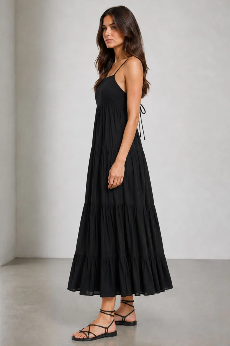 Lale|100% Viscose Lace Detail Maxi Dress