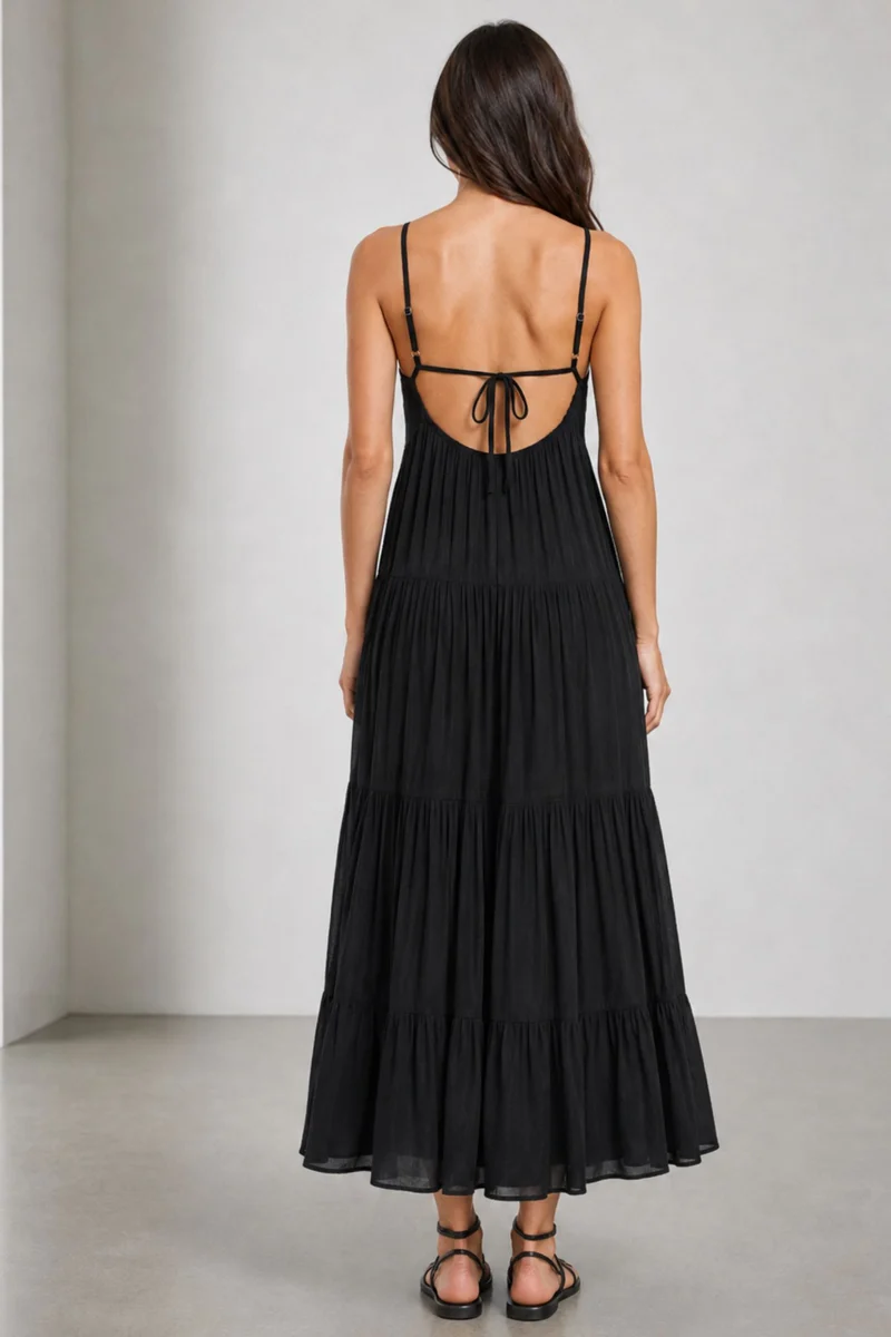 Lale|100% Viscose Lace Detail Maxi Dress