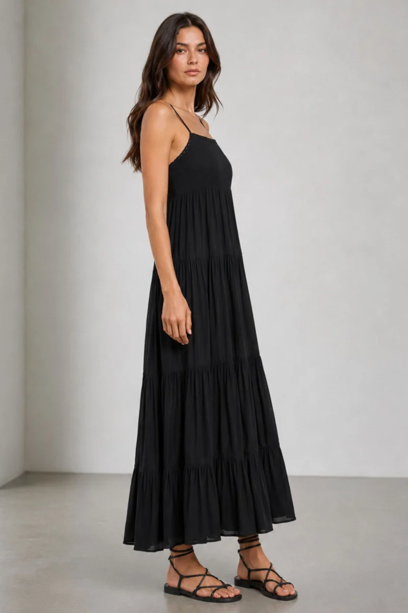 Lale|100% Viscose Lace Detail Maxi Dress