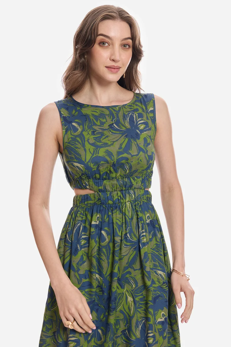 Munire|100% Cotton Waist Cut Out Midi Dress