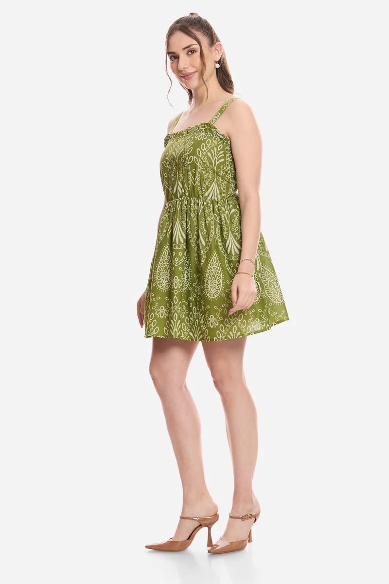 Heral|100% Cotton Schiffli Print Mini Dress
