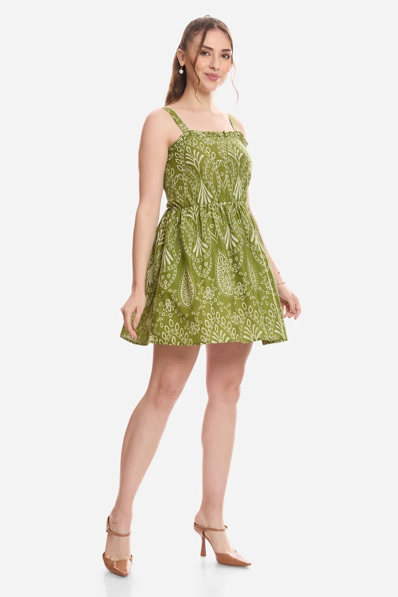 Heral|100% Cotton Schiffli Print Mini Dress