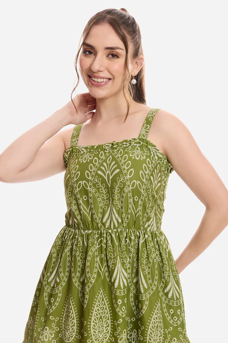 Heral|100% Cotton Schiffli Print Mini Dress