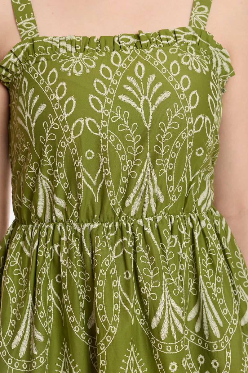 Heral|100% Cotton Schiffli Print Mini Dress