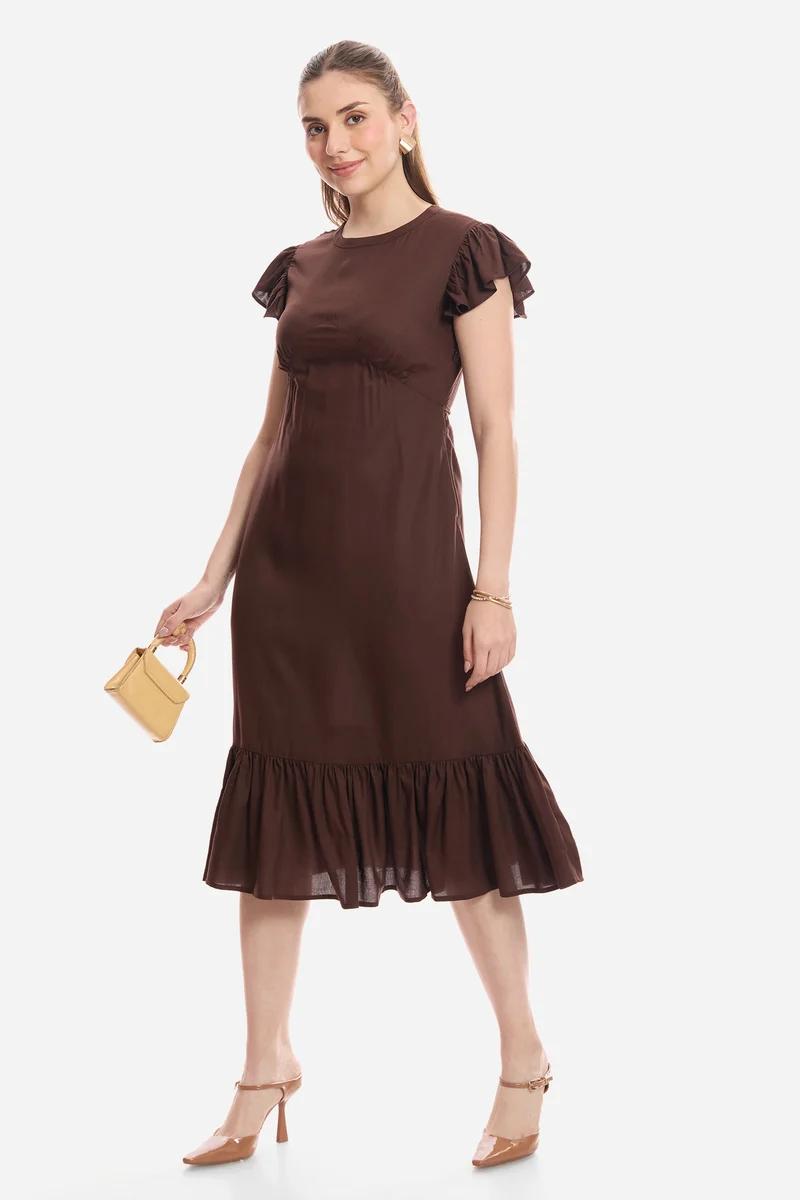 Farine|100% Viscose Flutter Sleeve Midi Dress