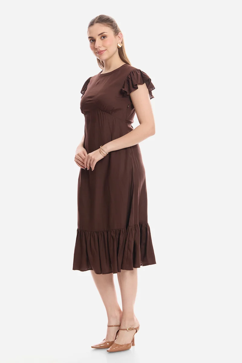 Farine|100% Viscose Flutter Sleeve Midi Dress