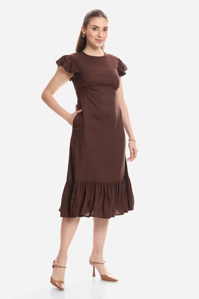 Farine|100% Viscose Flutter Sleeve Midi Dress