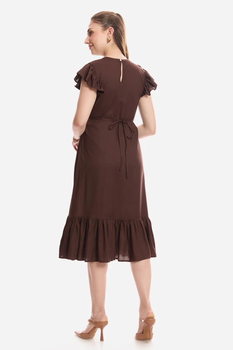 Farine|100% Viscose Flutter Sleeve Midi Dress