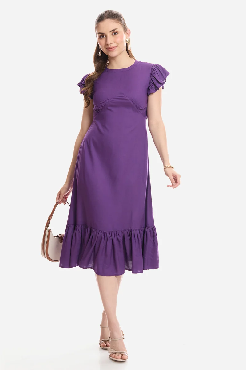 Faira|100% Viscose Flutter Sleeve Midi Dress