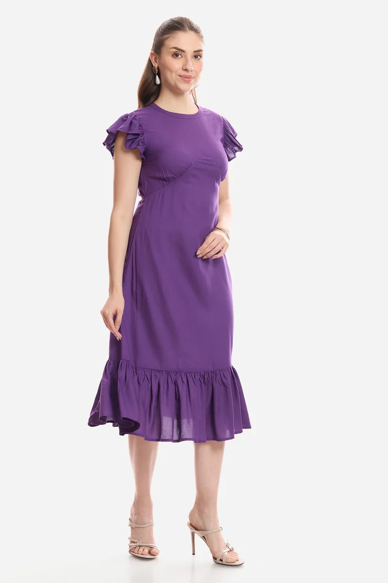 Faira|100% Viscose Flutter Sleeve Midi Dress