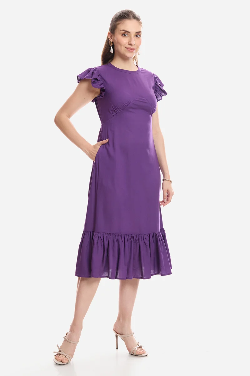 Faira|100% Viscose Flutter Sleeve Midi Dress
