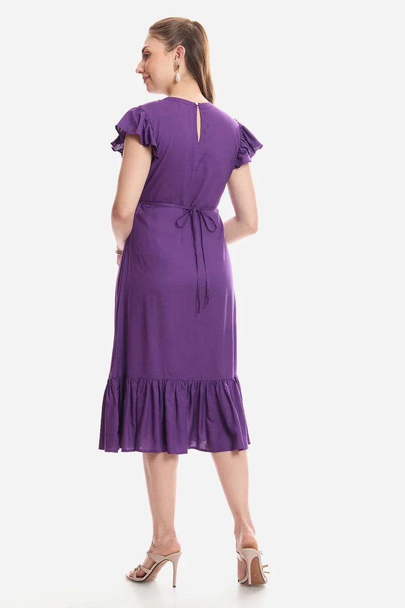 Faira|100% Viscose Flutter Sleeve Midi Dress