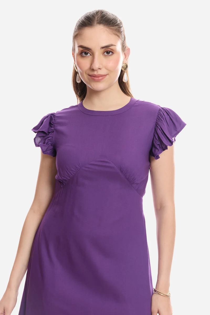 Faira|100% Viscose Flutter Sleeve Midi Dress