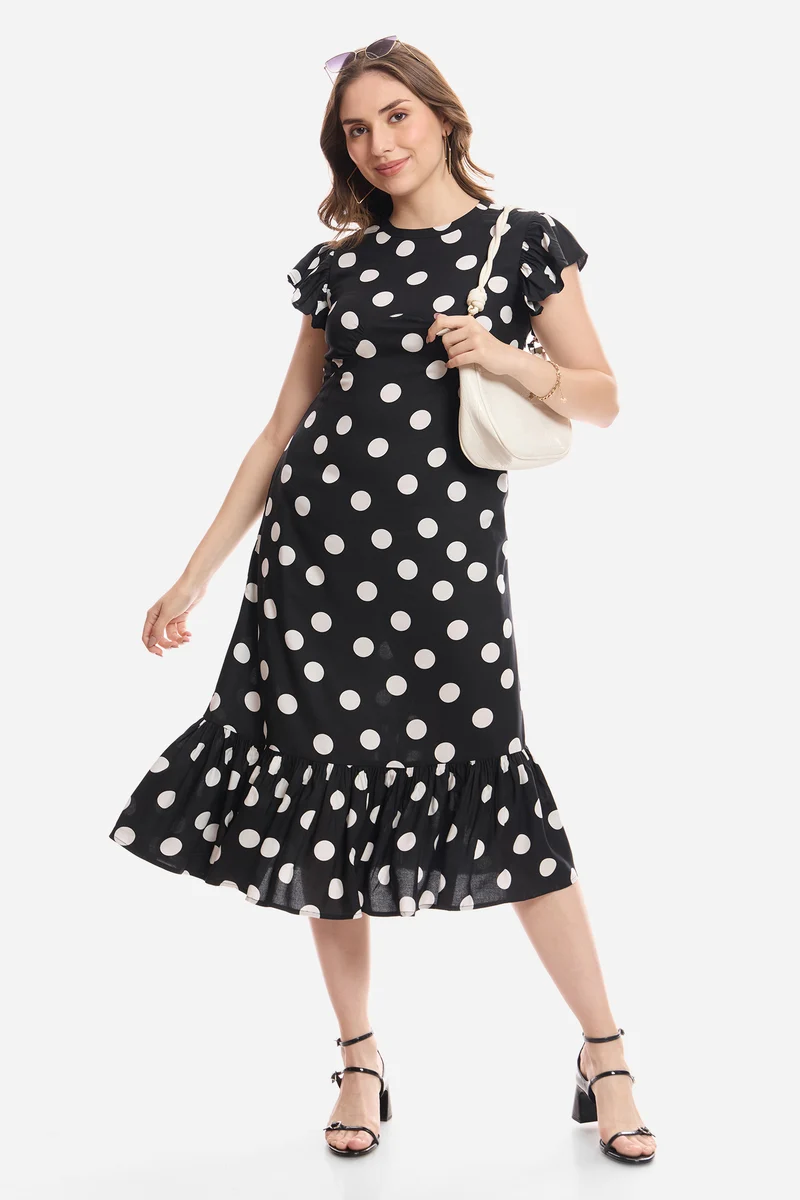 Faela|100% Viscose Flutter Sleeve Midi Dress