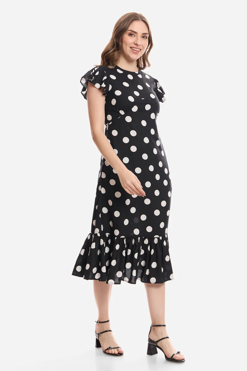 Faela|100% Viscose Flutter Sleeve Midi Dress