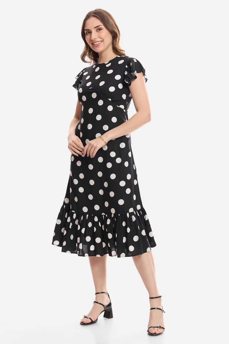 Faela|100% Viscose Flutter Sleeve Midi Dress