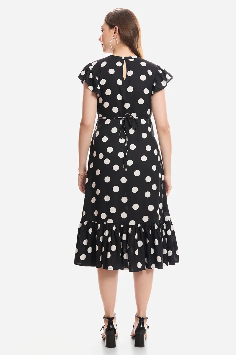 Faela|100% Viscose Flutter Sleeve Midi Dress