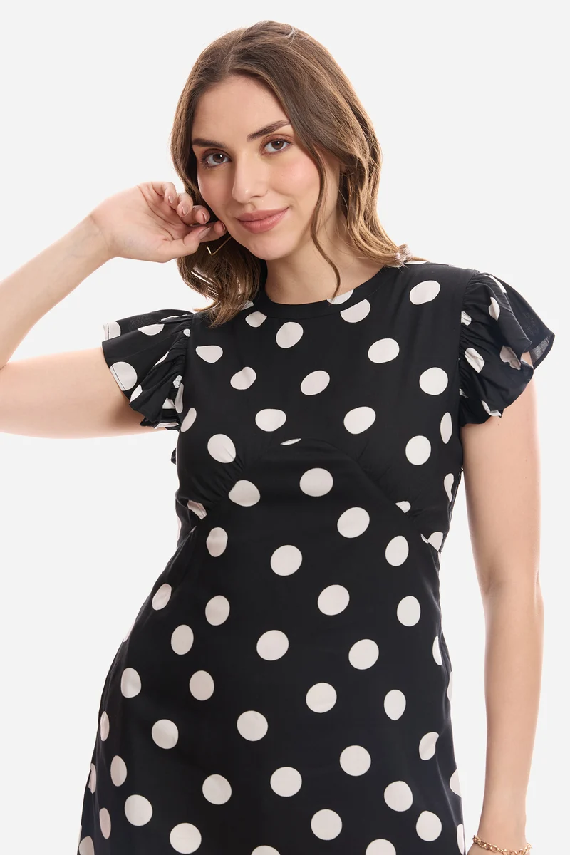 Faela|100% Viscose Flutter Sleeve Midi Dress