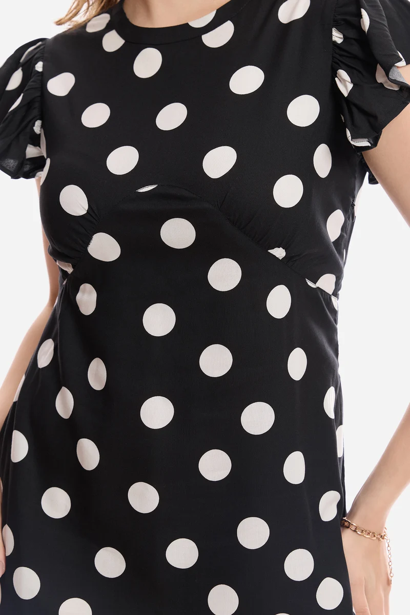 Faela|100% Viscose Flutter Sleeve Midi Dress