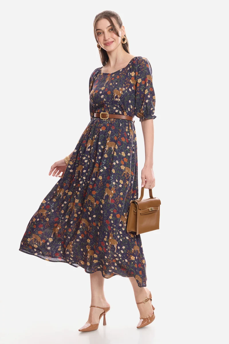 Islaa|100% Viscose Printed Midi Dress