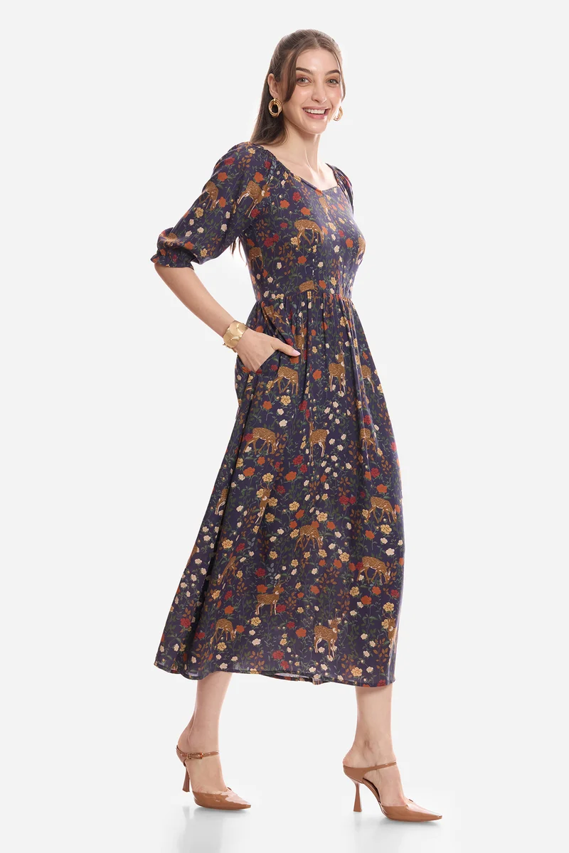 Islaa|100% Viscose Printed Midi Dress
