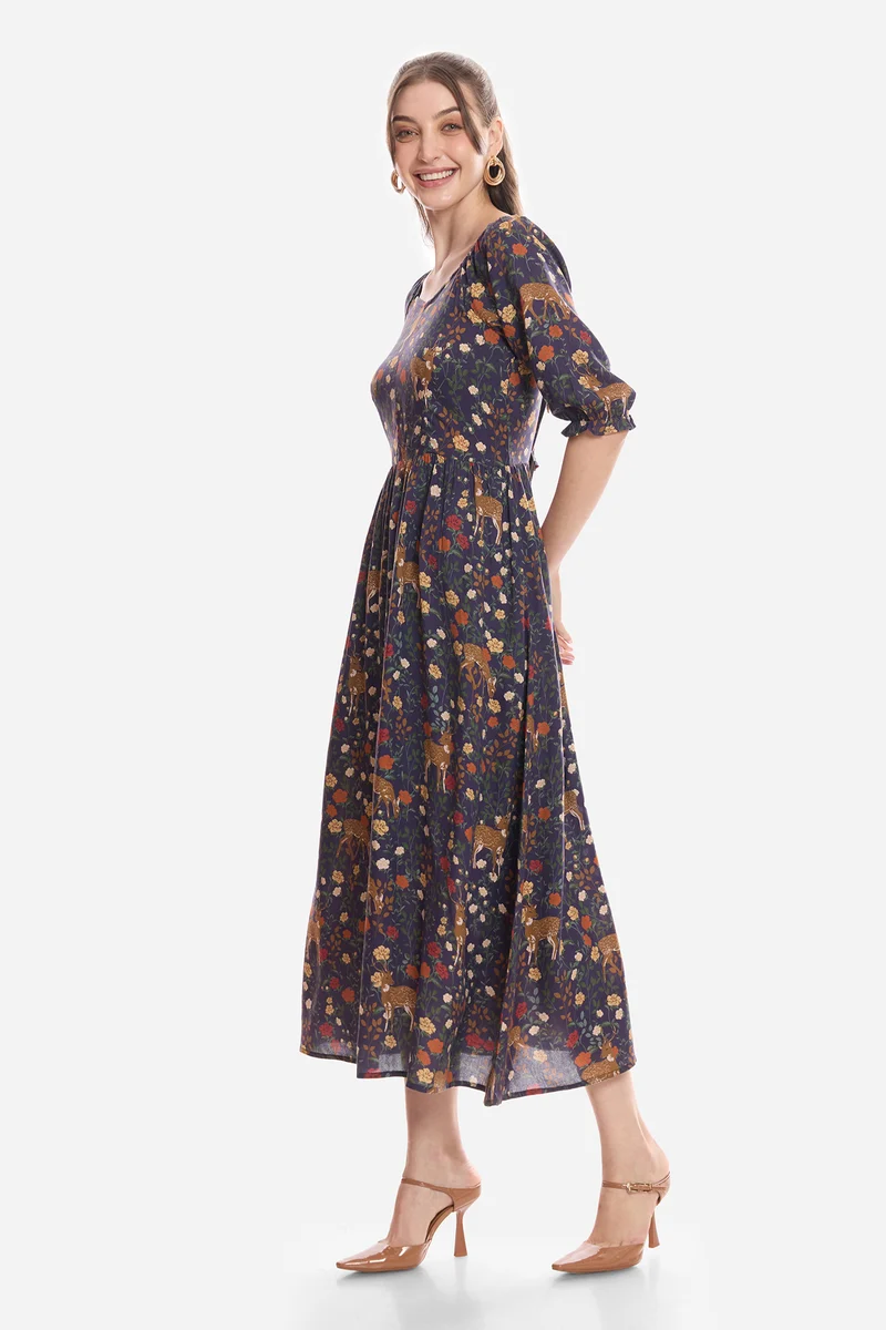Islaa|100% Viscose Printed Midi Dress