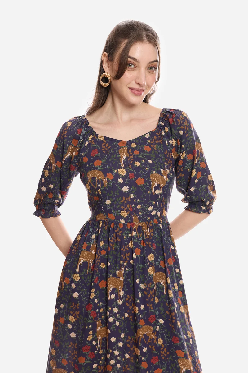 Islaa|100% Viscose Printed Midi Dress