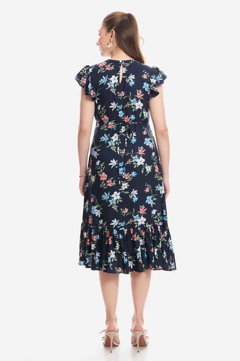Feena|100% Viscose Flutter Sleeve Midi Dress