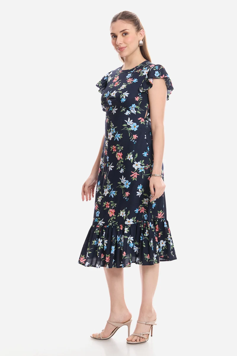 Feena|100% Viscose Flutter Sleeve Midi Dress