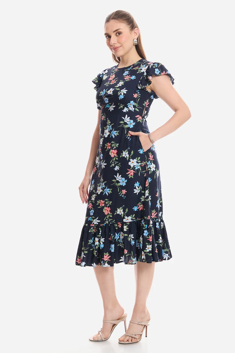 Feena|100% Viscose Flutter Sleeve Midi Dress
