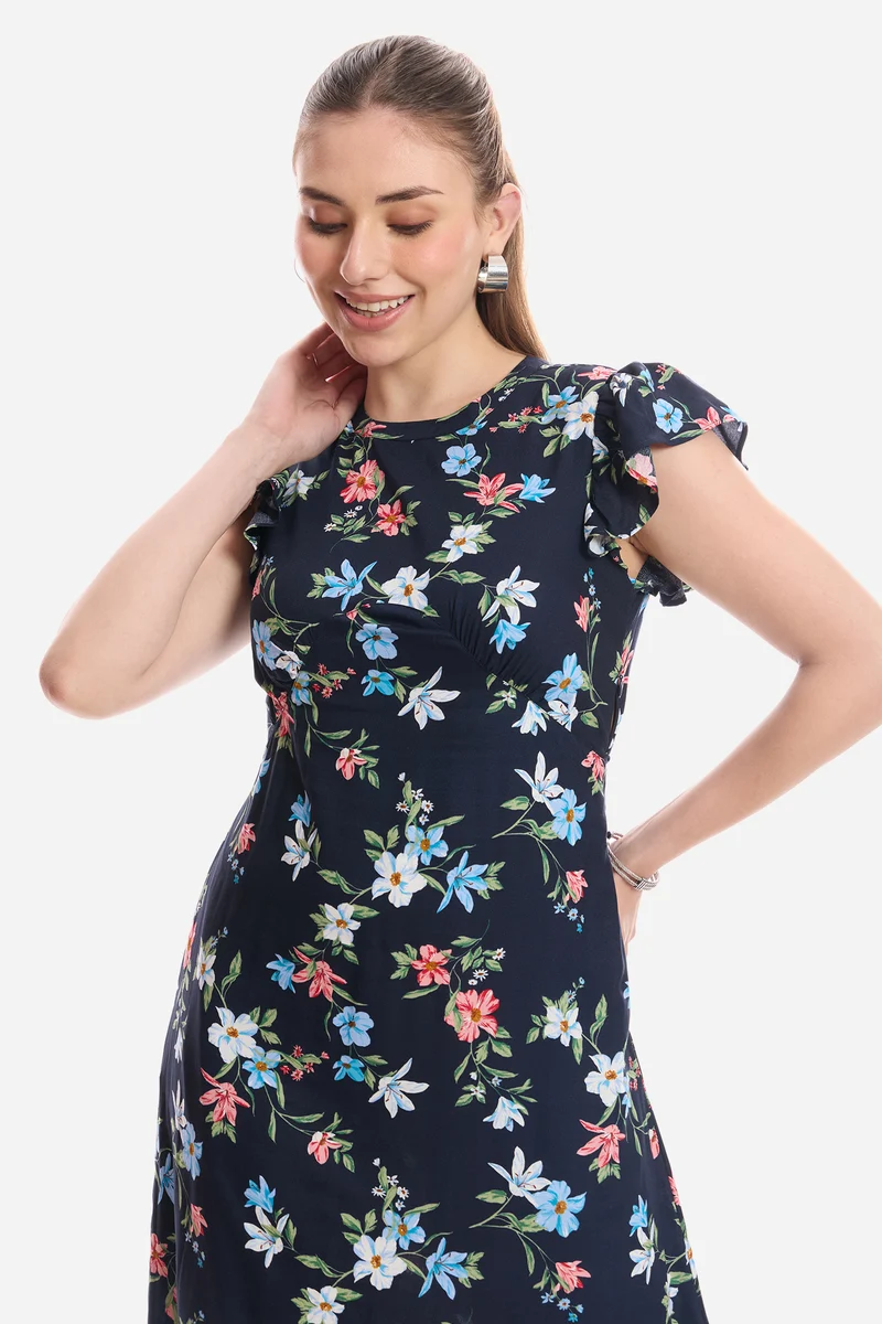 Feena|100% Viscose Flutter Sleeve Midi Dress