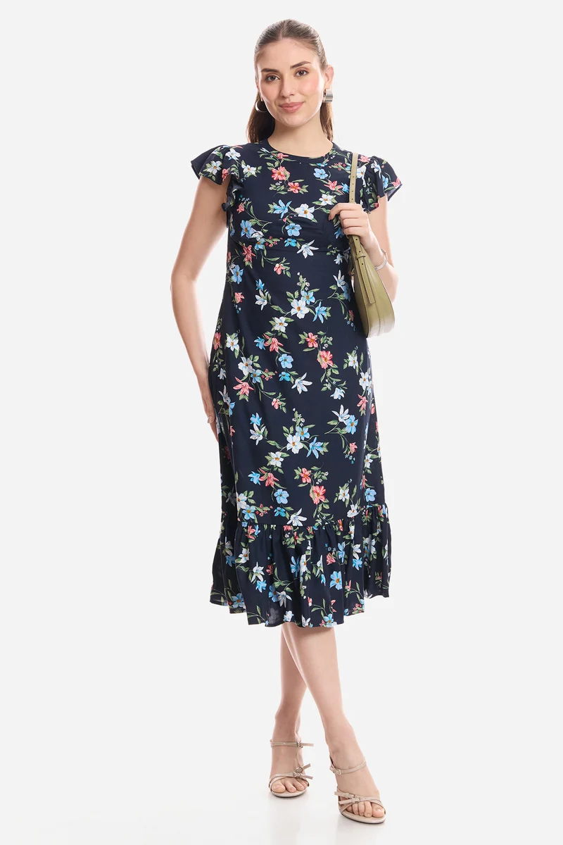 Feena|100% Viscose Flutter Sleeve Midi Dress