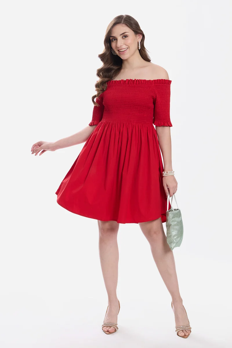 Kivia|100% Cotton Off-Shoulder Mini Dress
