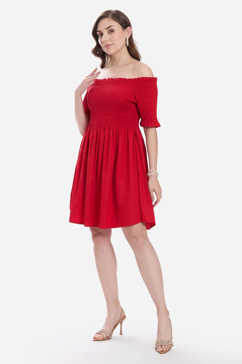 Kivia|100% Cotton Off-Shoulder Mini Dress