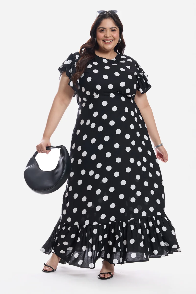 Atiya|Viscose Frill Sleeve Midi Dress