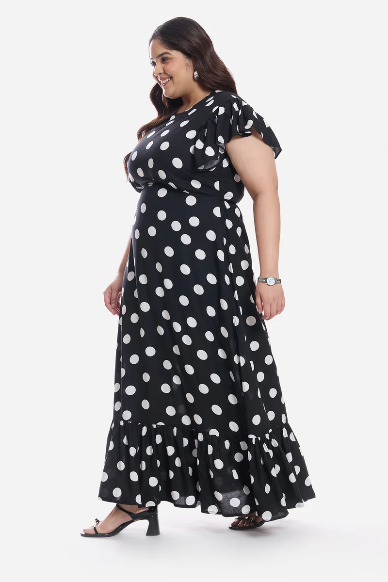 Atiya|Viscose Frill Sleeve Midi Dress