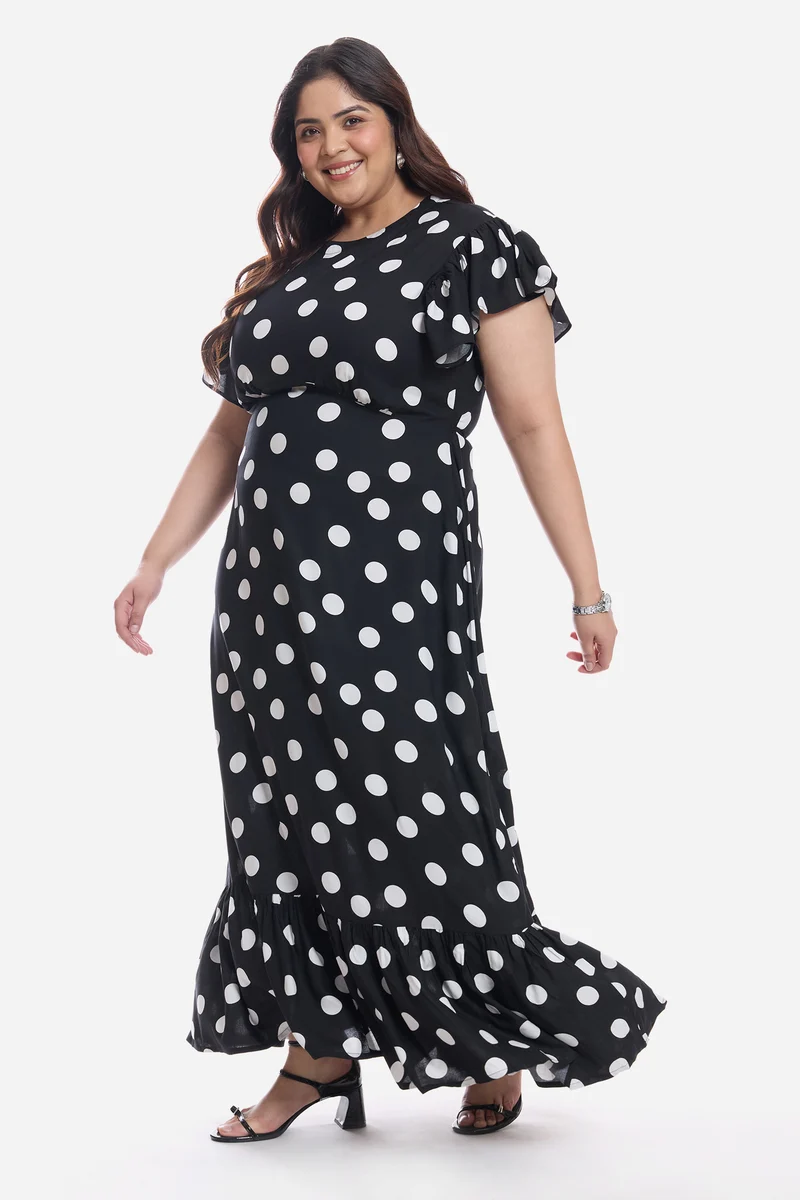Atiya|Viscose Frill Sleeve Midi Dress
