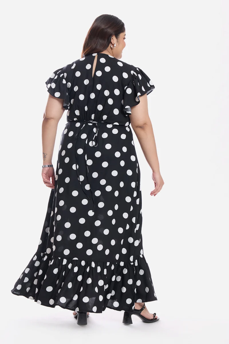 Atiya|Viscose Frill Sleeve Midi Dress