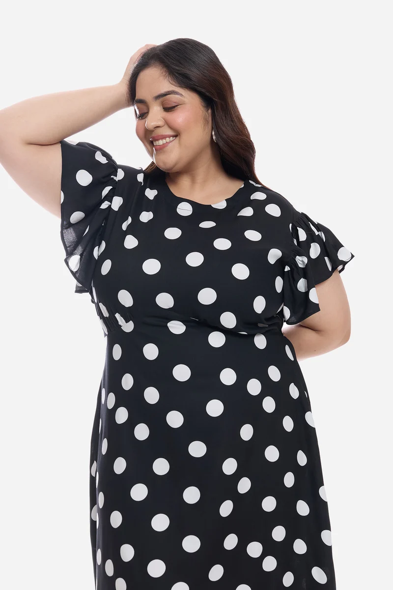 Atiya|Viscose Frill Sleeve Midi Dress