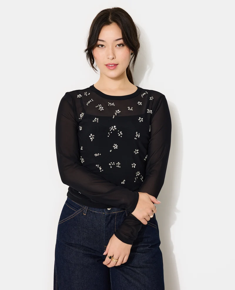 Top en résille avec perles et sequins
