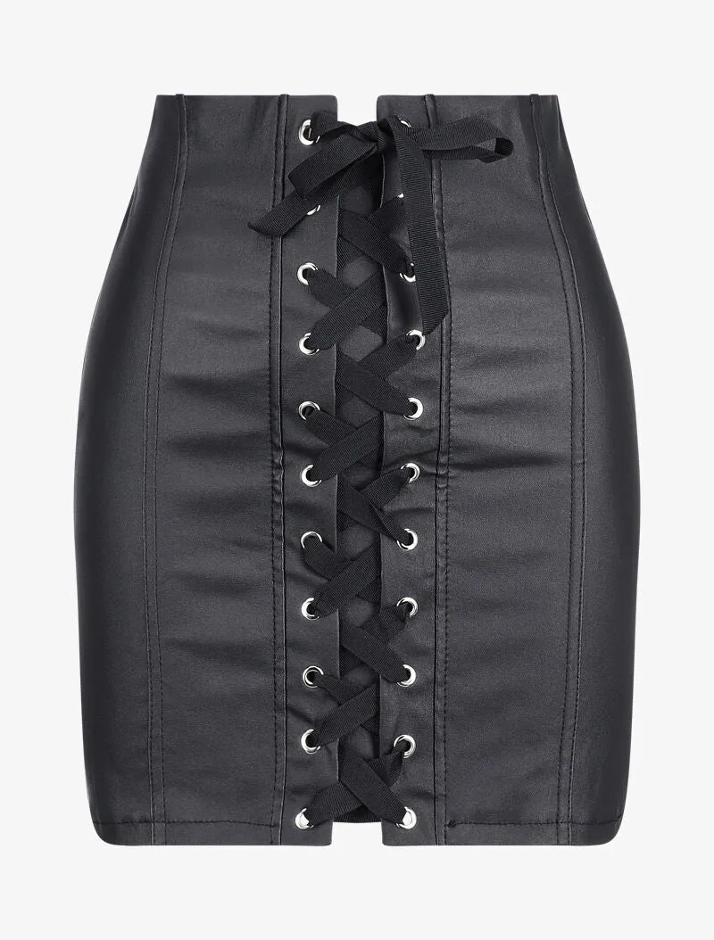 Mini-jupe en simili à lacets - Noir
