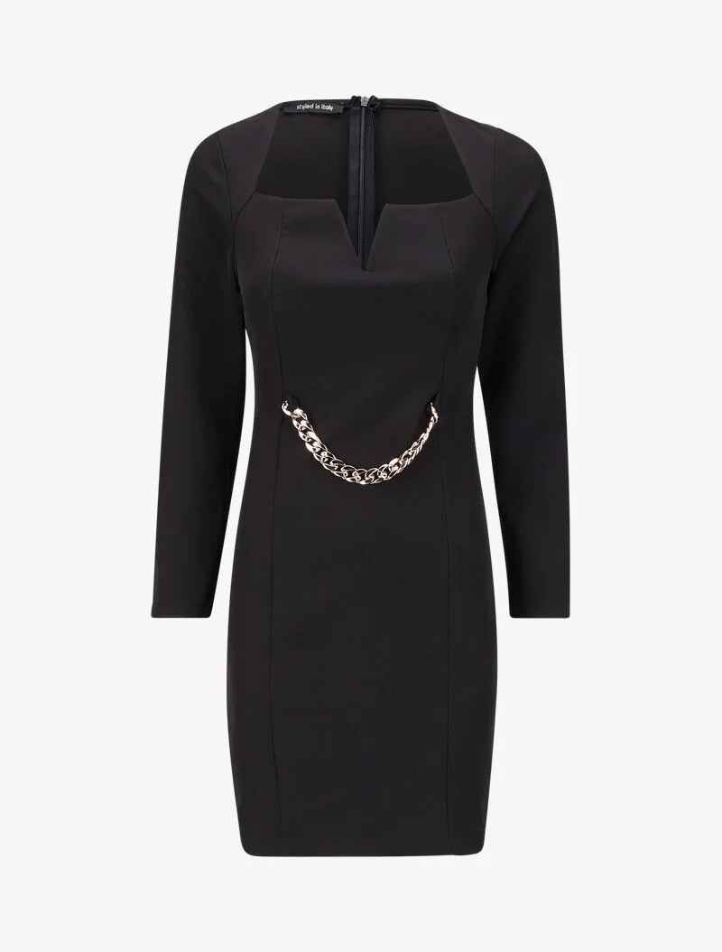 Robe ajustée à col fendu et détail chaîne - Noir
