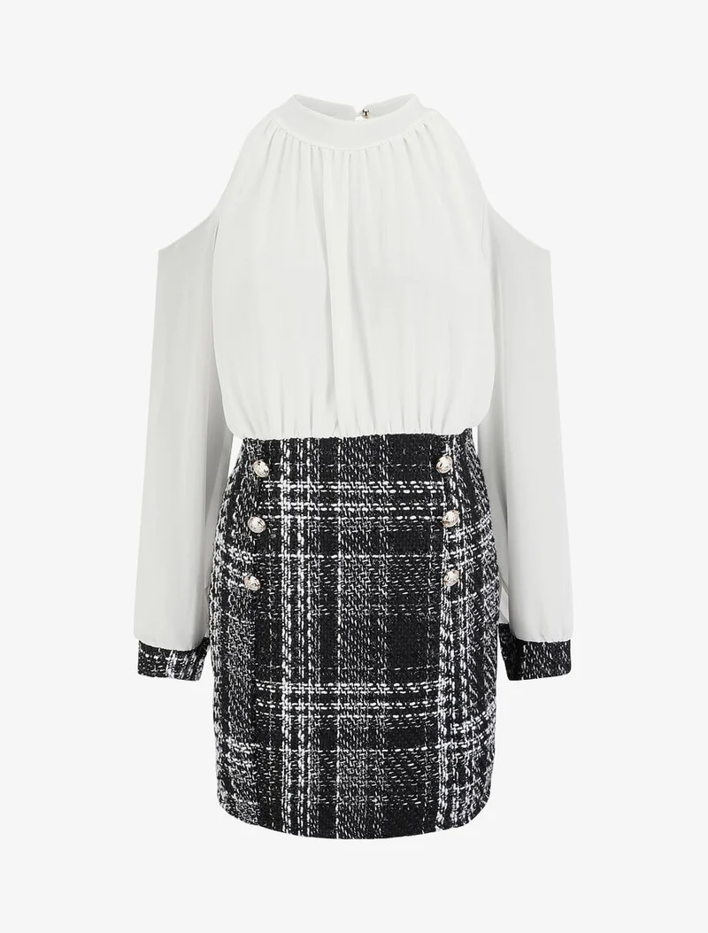 Robe bi-matière à épaules dénudées - Blanc