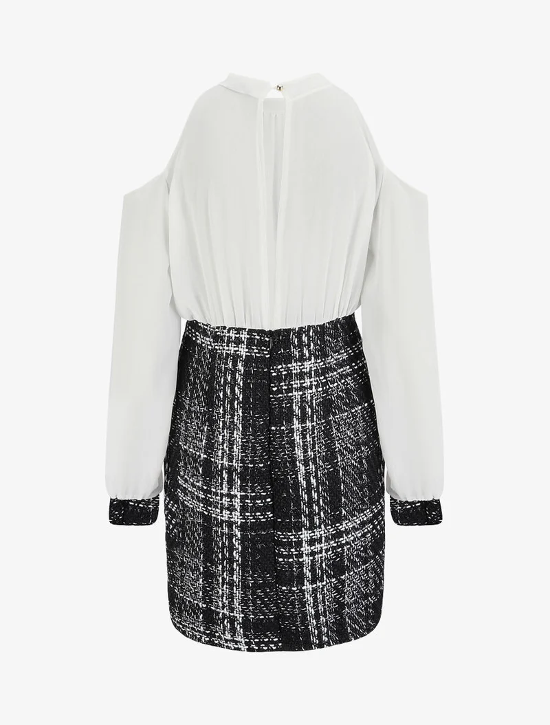 Robe bi-matière à épaules dénudées - Blanc