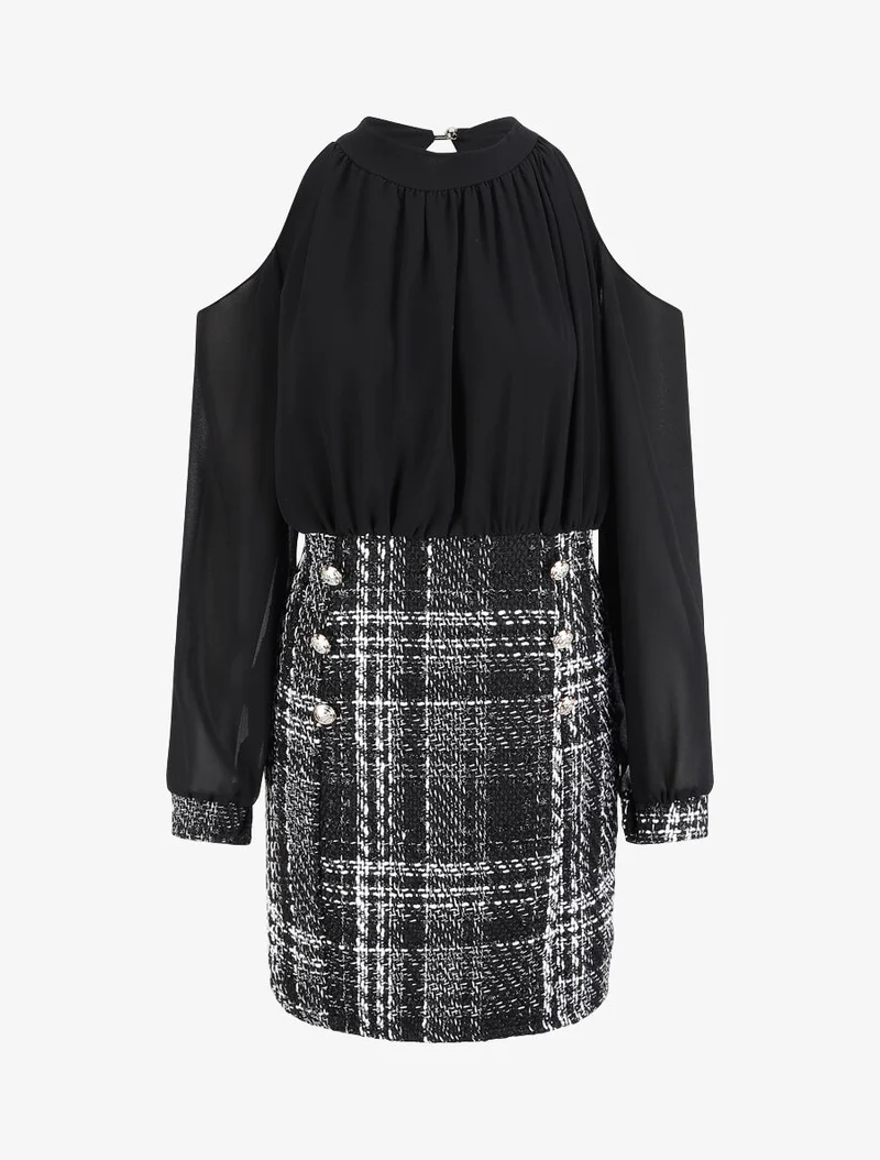 Robe bi-matière à épaules dénudées - Noir