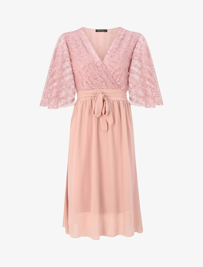 Robe empire à buste en dentelle et sequins - Rose poudré
