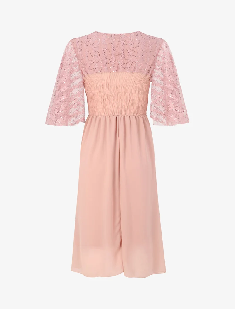 Robe empire à buste en dentelle et sequins - Rose poudré