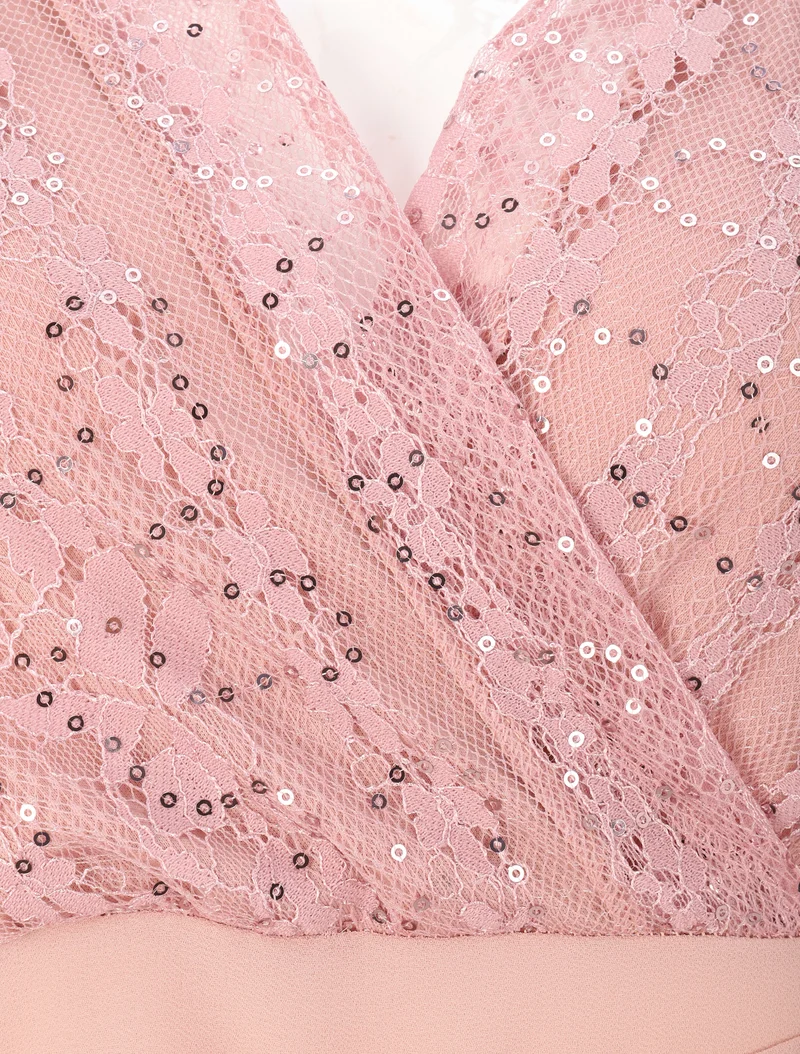 Robe empire à buste en dentelle et sequins - Rose poudré