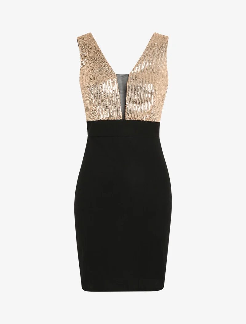 Robe fourreau à buste en sequins - Noir/or